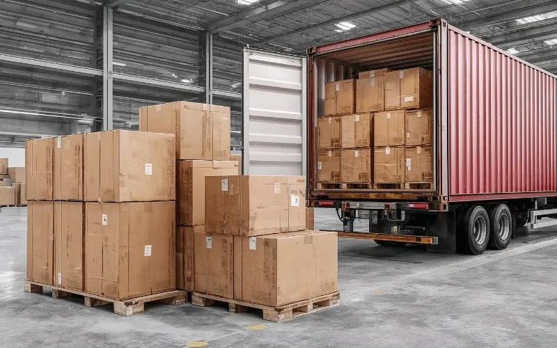 Towary zapakowane w duże kartonowe pudła ułożone na drewnianych paletach w hali magazynowej. Obok stoi czerwony kontener transportowy z otwartymi drzwiami, wypełniony analogicznymi przesyłkami gotowymi do wysyłki.