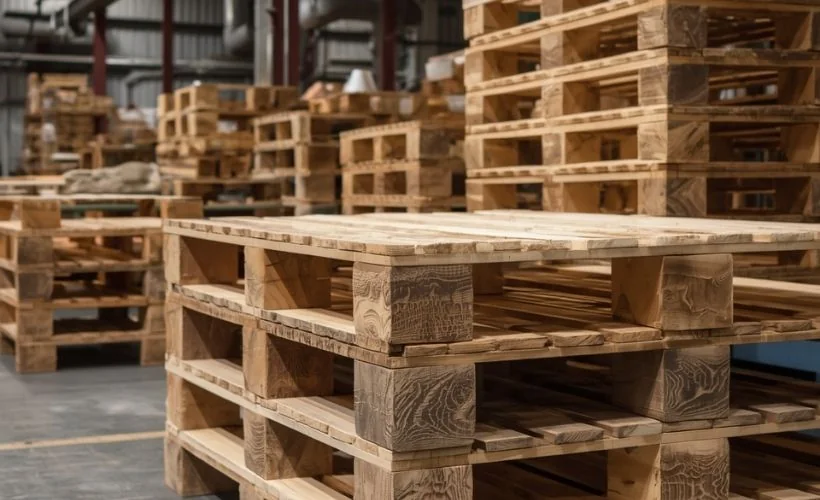 Produkcja palet drewnianych HGV w Sieradzu – stosy nowych palet euro na hali produkcyjnej