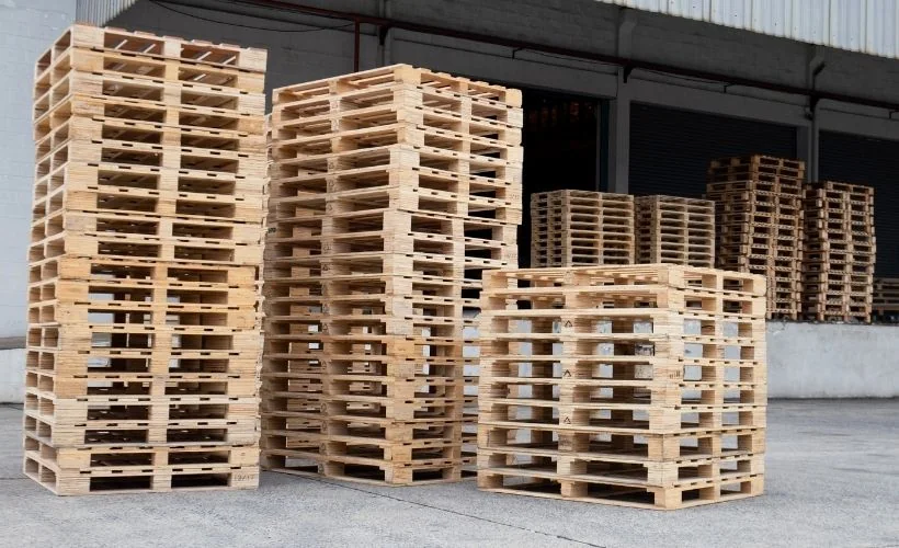 =Wysokie stosy nowych drewnianych palet przed magazynem producenta palet w Sieradzu.