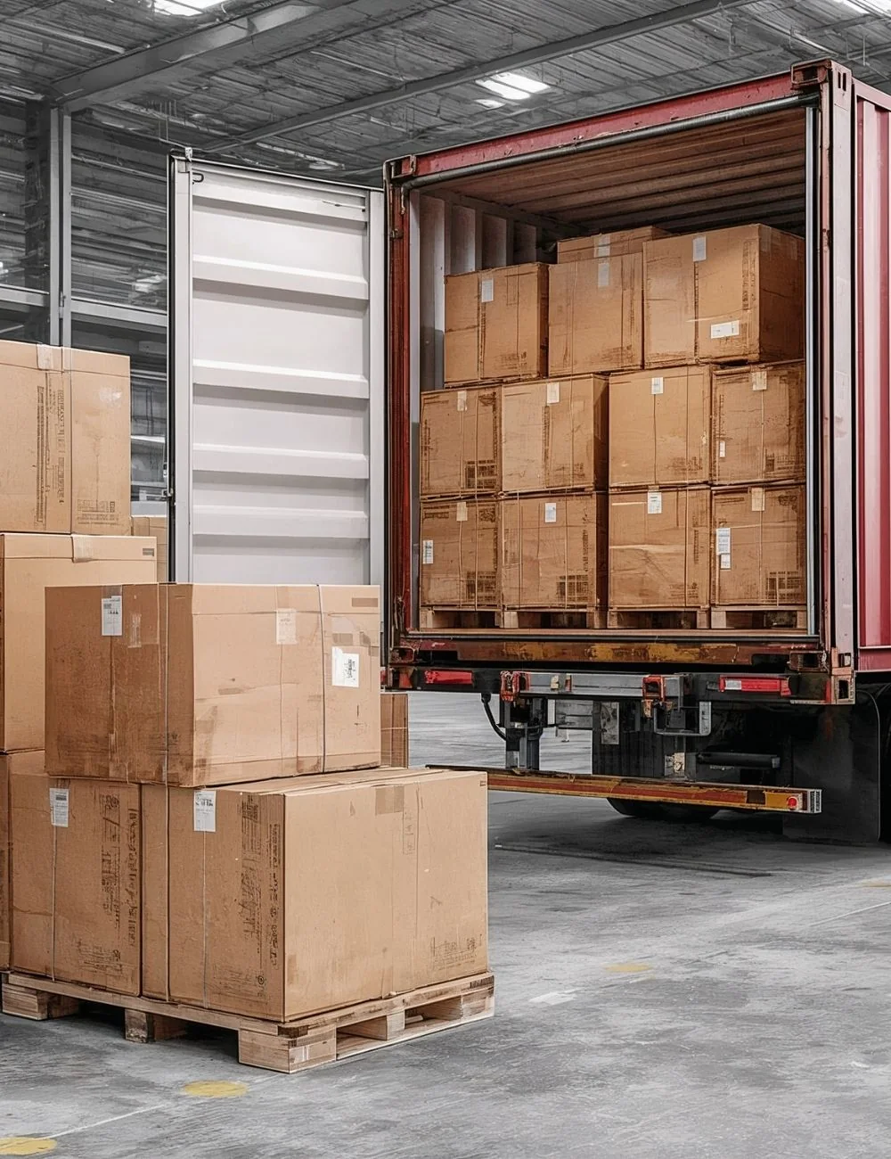 Załadunek palet drewnianych HGV z kartonami do kontenera w magazynie