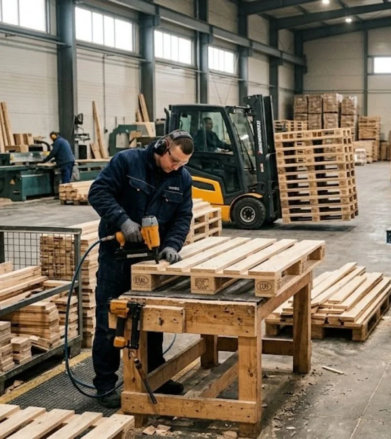 Pracownik montuje palety EUR na hali produkcyjnej HGV – produkcja palet drewnianych Żary.